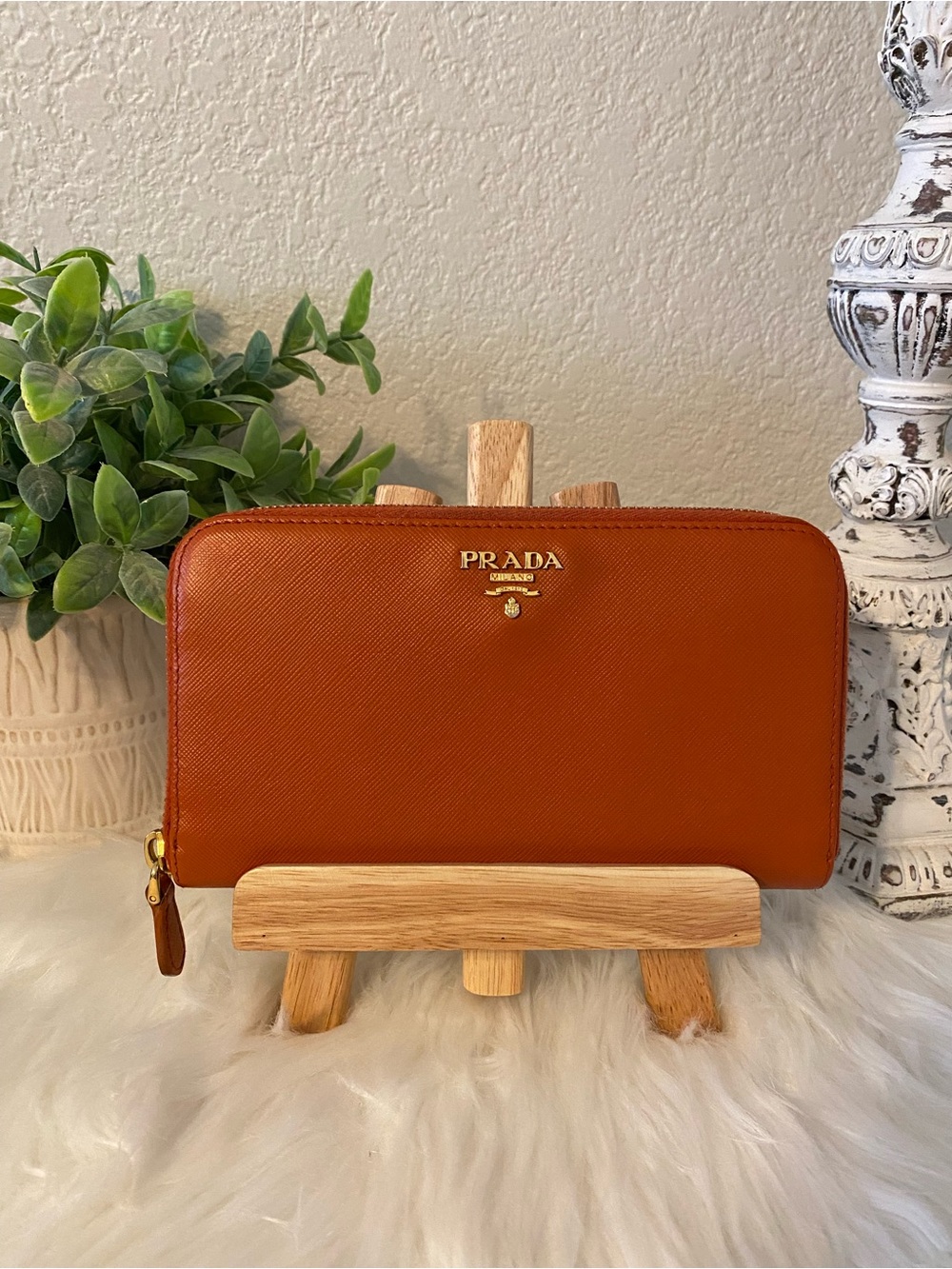 Prada Rare Orange Saffiano Zip Wallet with Gold Logo
